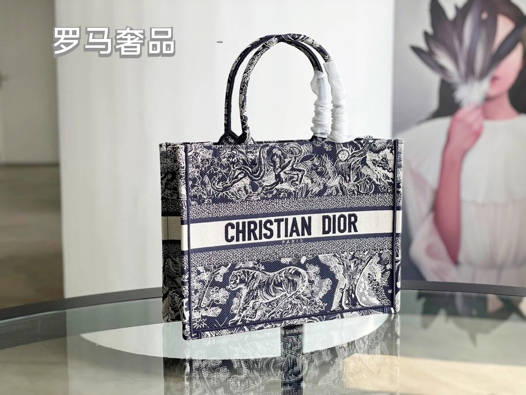 Dior Book Tote Bag Blue Toile de Jouy Embroidery
