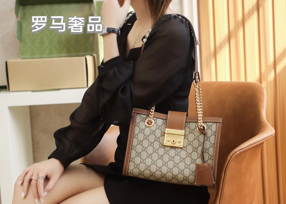 Gucci Vintage Monogram Canvas Shoulder Bag with Gold Chain and Padlock