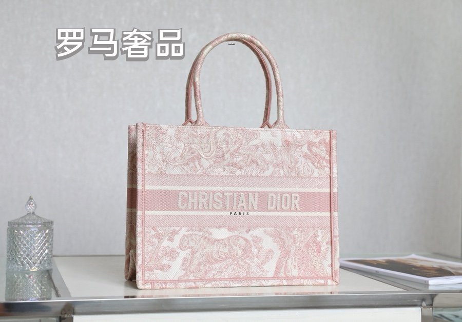 Dior Pink Floral Toile Embroidered Canvas Tote Bag with Top Handles