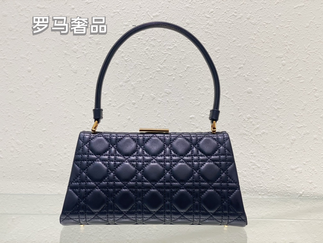 Elegant Navy Blue Quilted Leather Handbag with Top Handle - Classic East-West Designer Style Shoulder Bag for Women