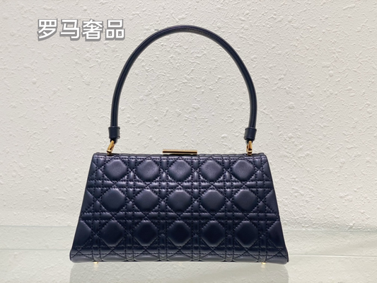 Elegant Navy Blue Quilted Leather Handbag with Top Handle - Classic East-West Designer Style Shoulder Bag for Women