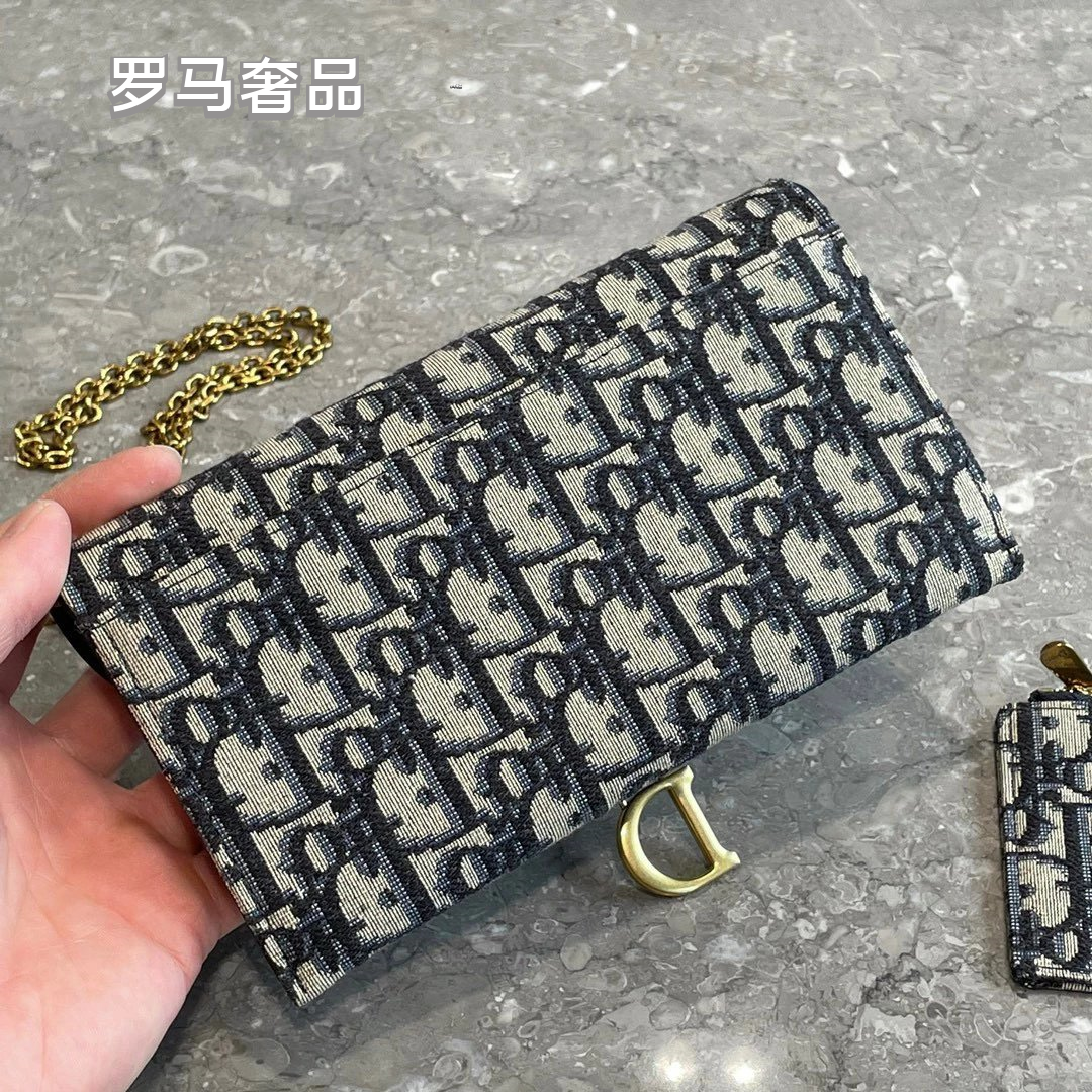 Dior Saddle Wallet on Chain Blue Dior Oblique Jacquard