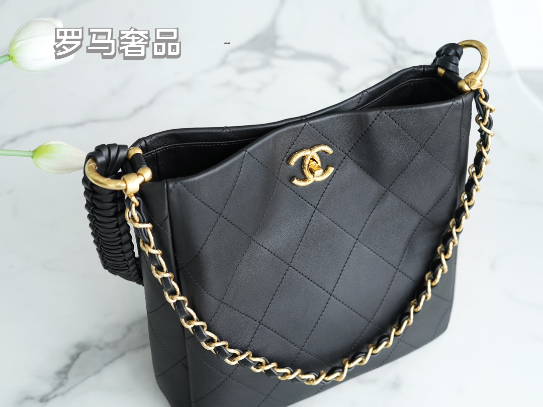 Chanel Quilted Caviar Leather Small Bucket Bag with Gold-Tone Hardware - Black