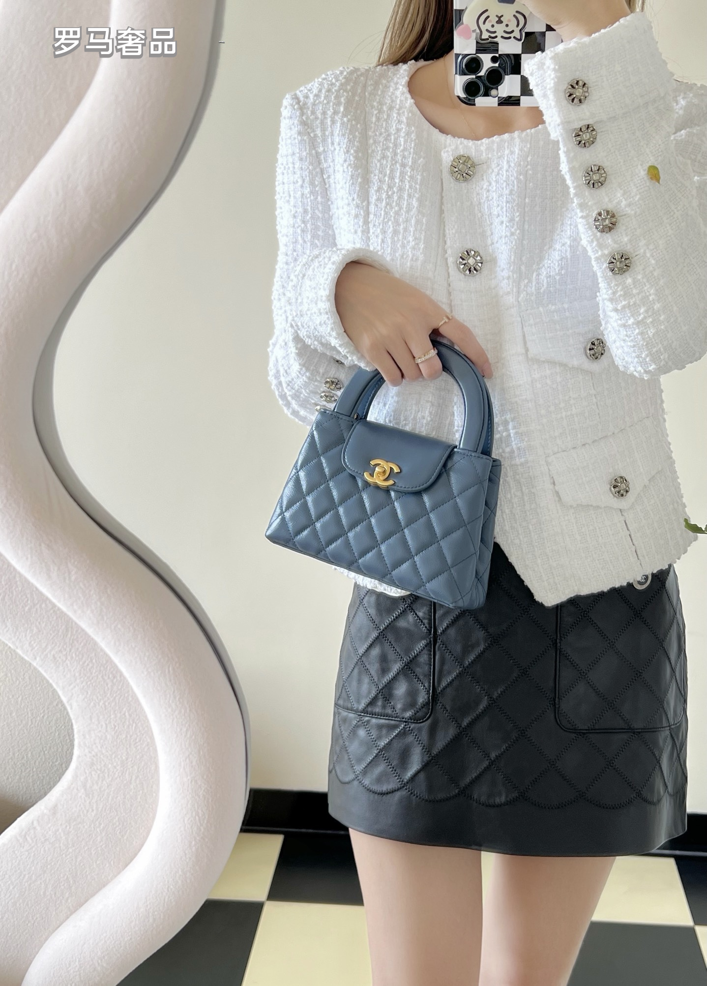 Chanel Quilted Leather Top Handle Flap Bag - Steel Blue with Gold Hardware