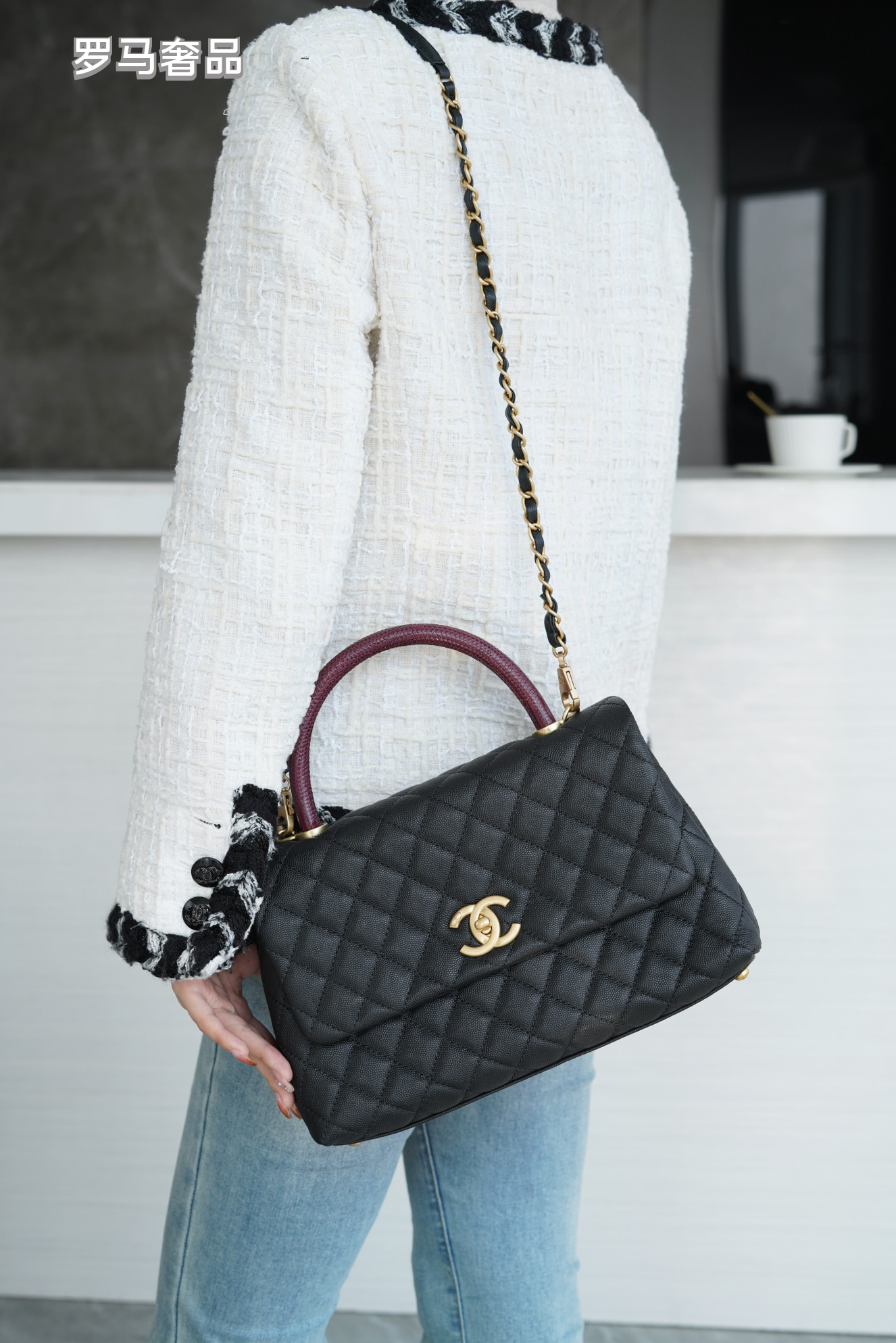 Chanel Medium Coco Handle Bag Black Quilted Caviar Leather Gold Hardware