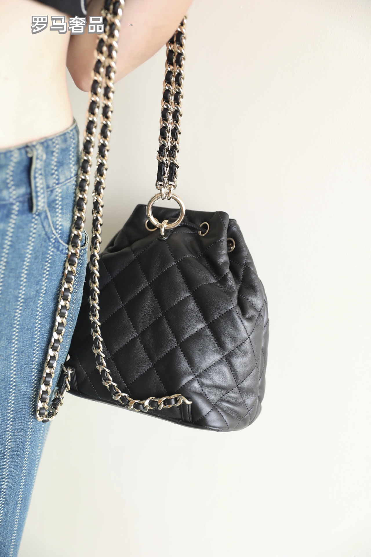 Chanel-Style Quilted Black Leather Bucket Bag with Silver Chain Strap