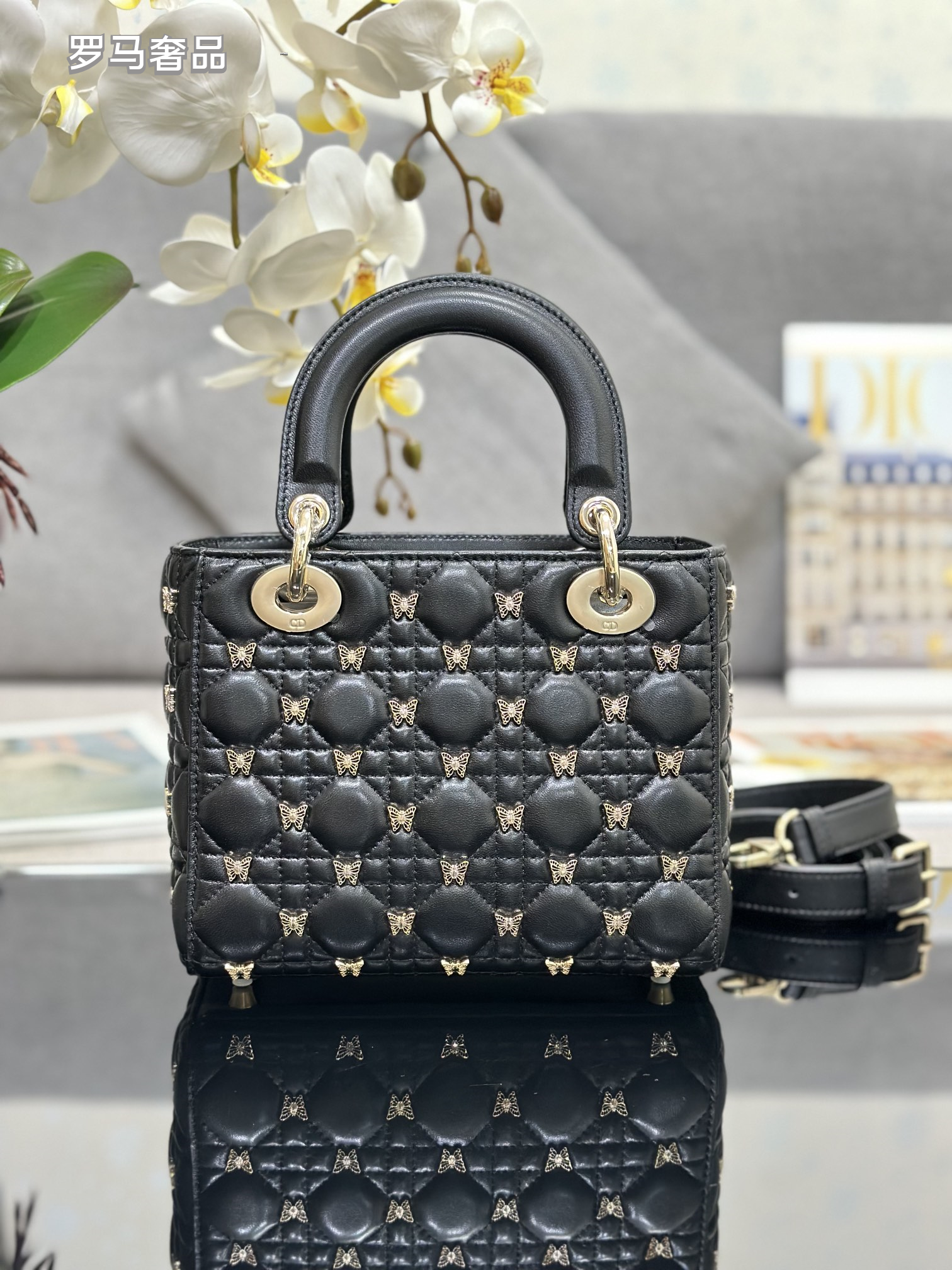Lady Dior Small Handbag - Black Quilted Leather with Butterfly Embellishments