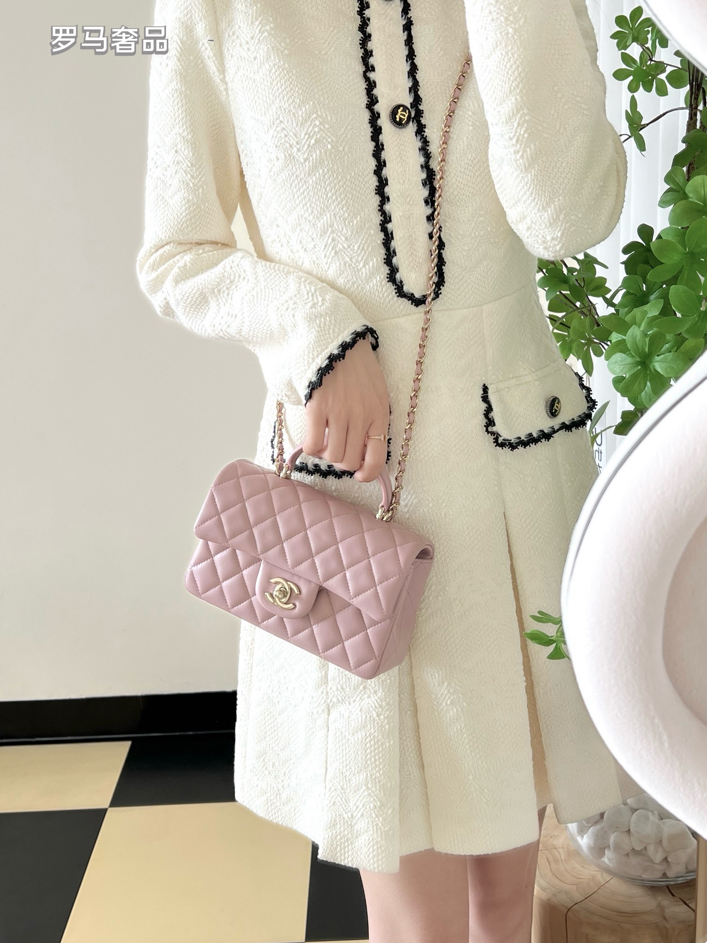 Chanel Mini Top Handle Flap Bag - Light Pink Quilted Lambskin Leather