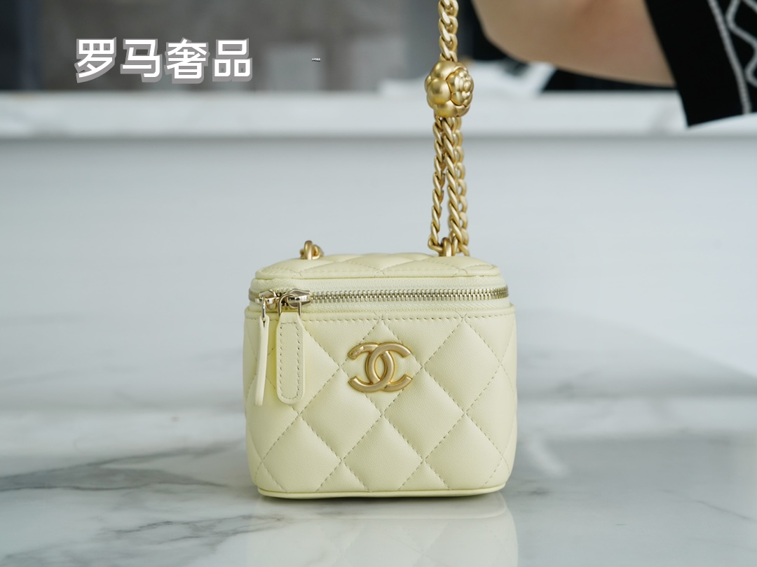 Small Quilted Vanity Bag with Gold Chain Strap - White Luxury Crossbody Case