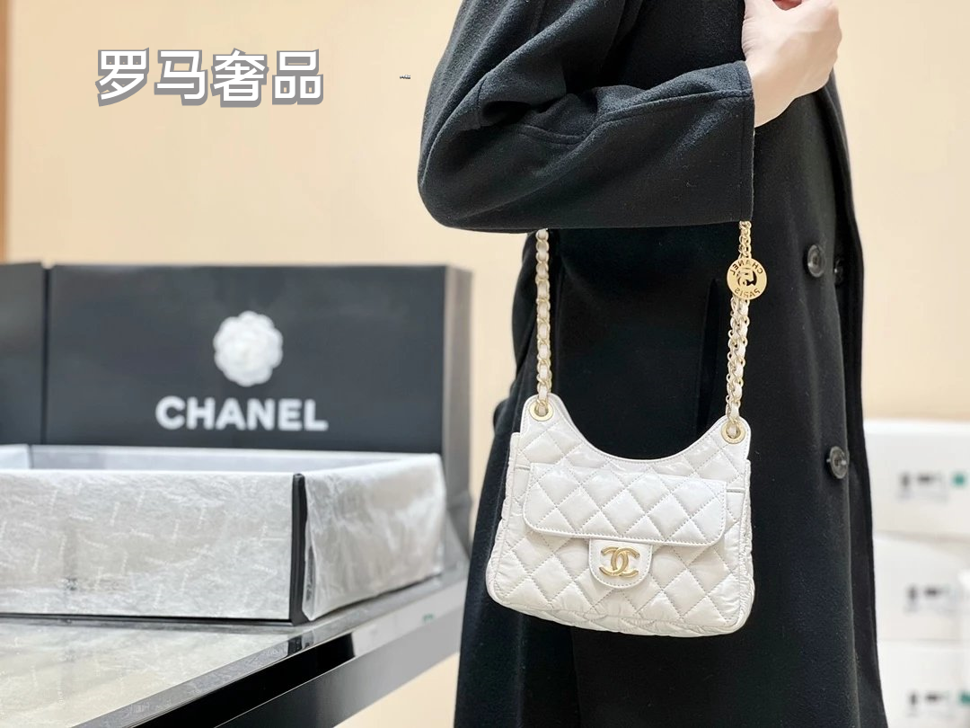 Chanel Small Hobo Bag White Quilted Lambskin Gold-Tone Metal Handbag
