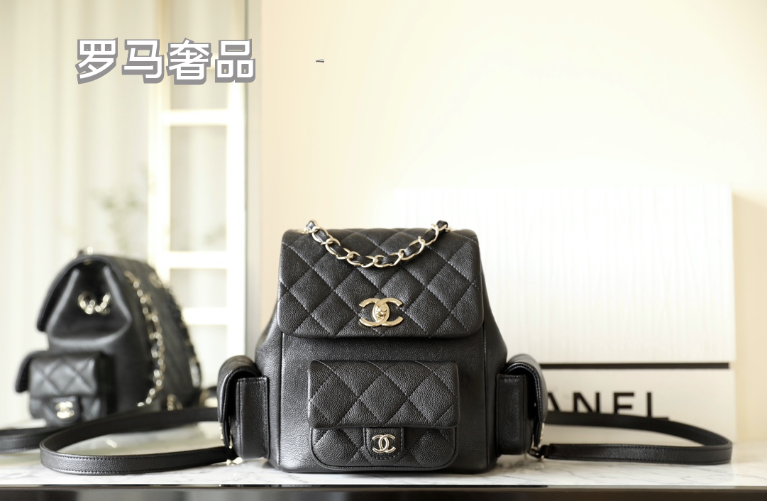 Chanel Dumas Quilted Caviar Leather Backpack - Black Gold-Tone Hardware