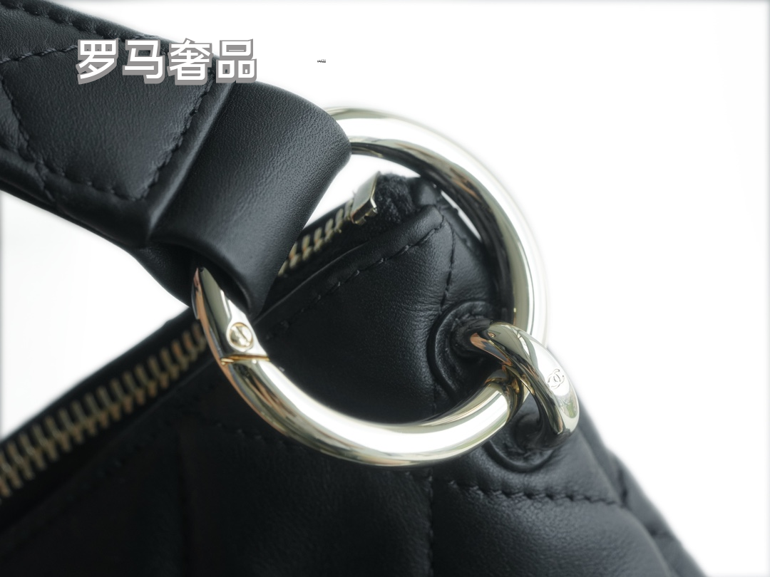 Chanel Black Quilted Lambskin Leather Hobo Bag with Front CC Logo Pocket