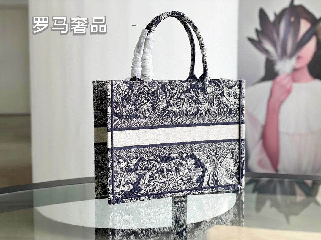 Dior Book Tote Bag Blue Toile de Jouy Embroidery