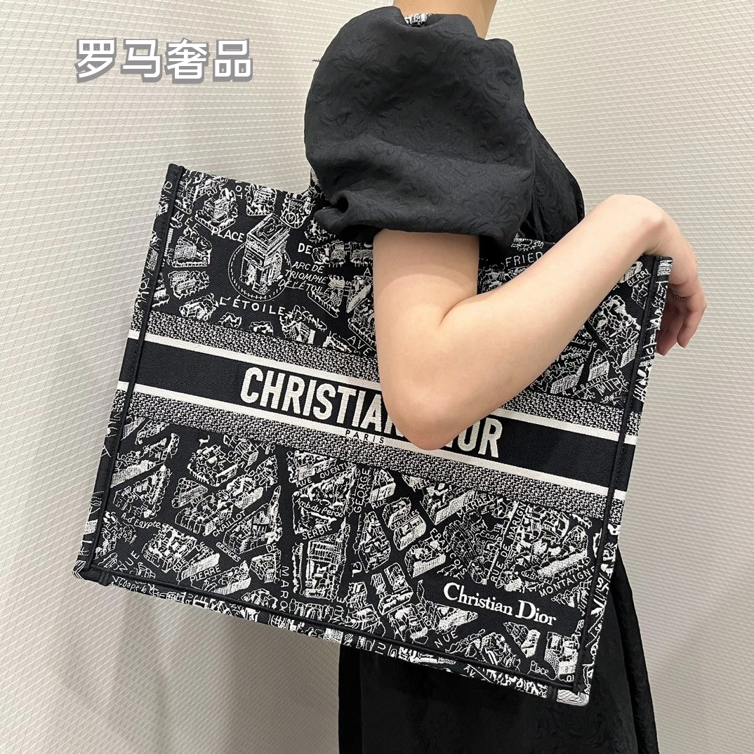 Christian Dior Plan de Paris Book Tote Bag - Black and White Embroidered Canvas