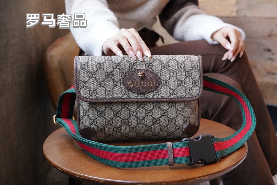 Gucci Classic Monogram Canvas Waist Bag with Striped Webbing Strap