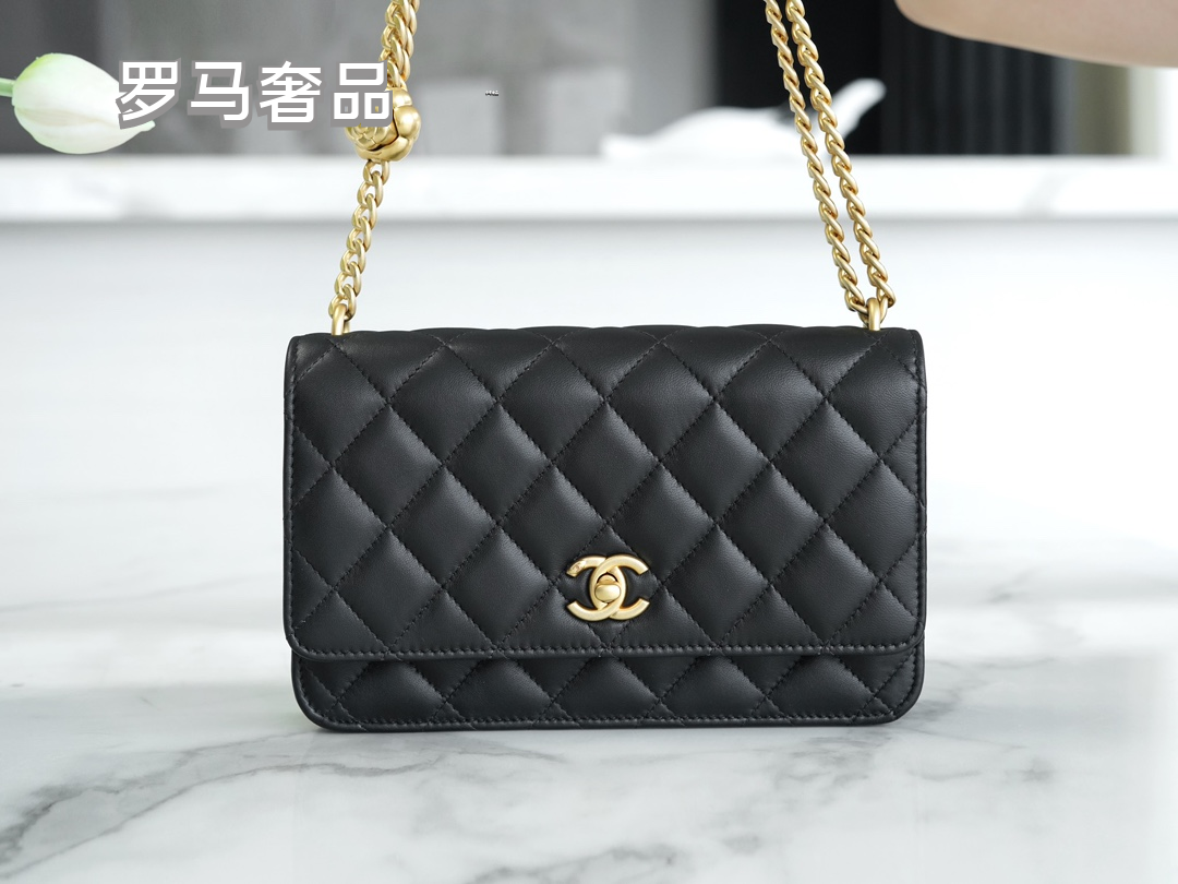 Chanel Quilted Lambskin Wallet on Chain with Camellia Gold Charm - Black