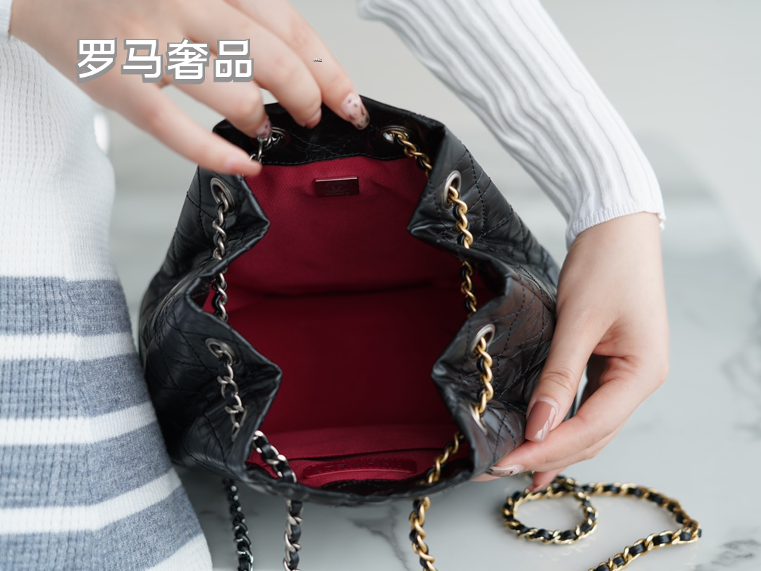 Chanel Gabrielle Small Bucket Bag - Black Quilted Calfskin with Mixed Metal Hardware