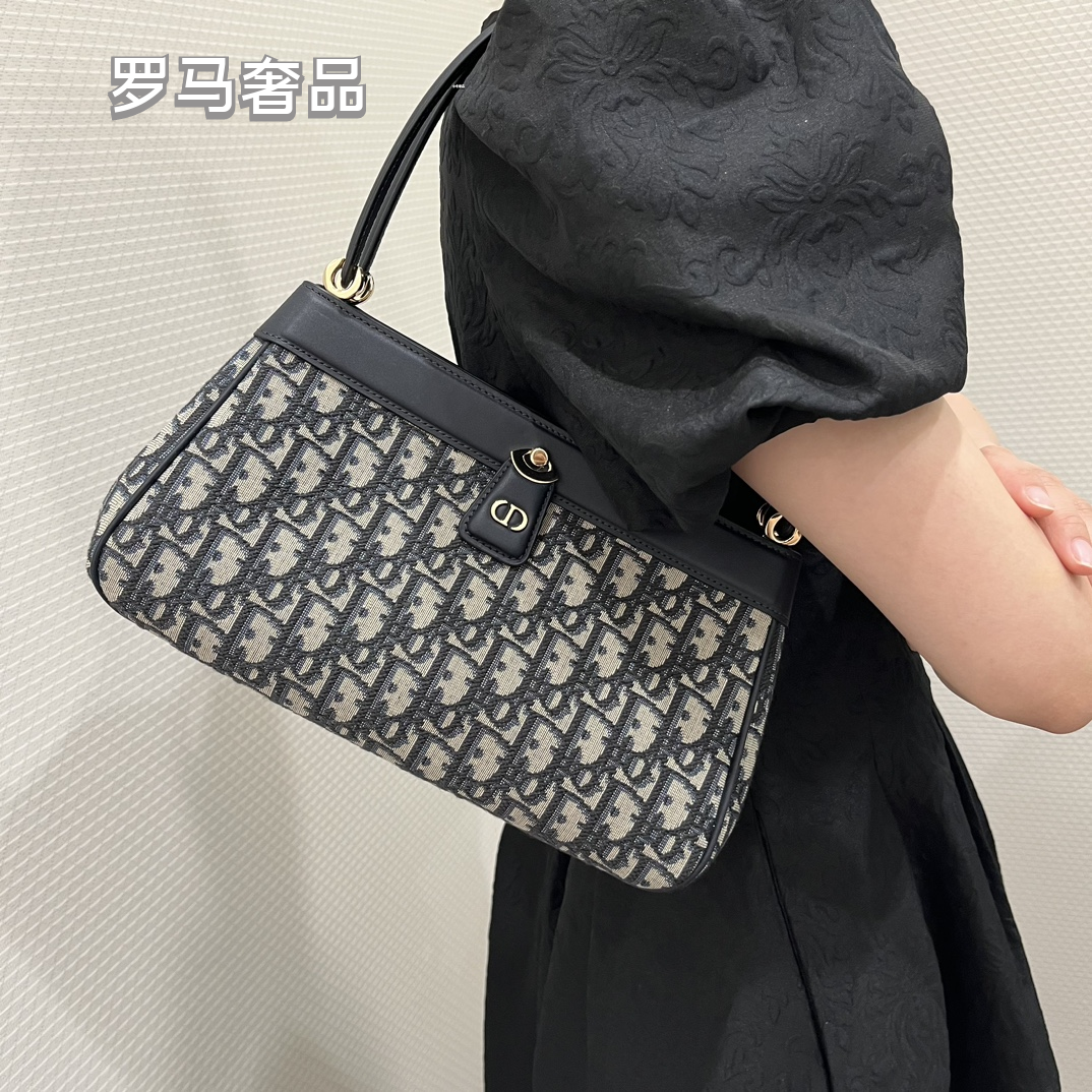 Dior Classic Monogram Print Canvas Shoulder Bag with Leather Trim