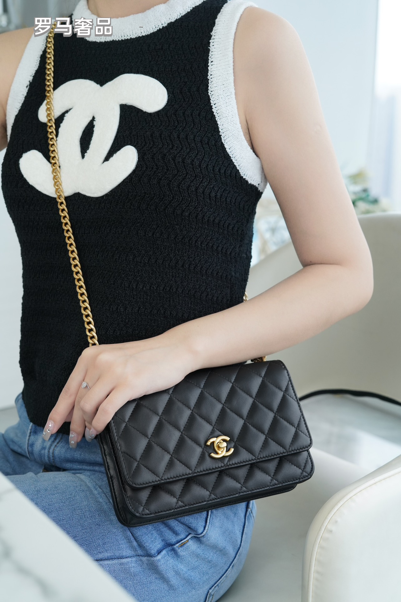 Chanel Quilted Lambskin Wallet on Chain with Camellia Gold Charm - Black