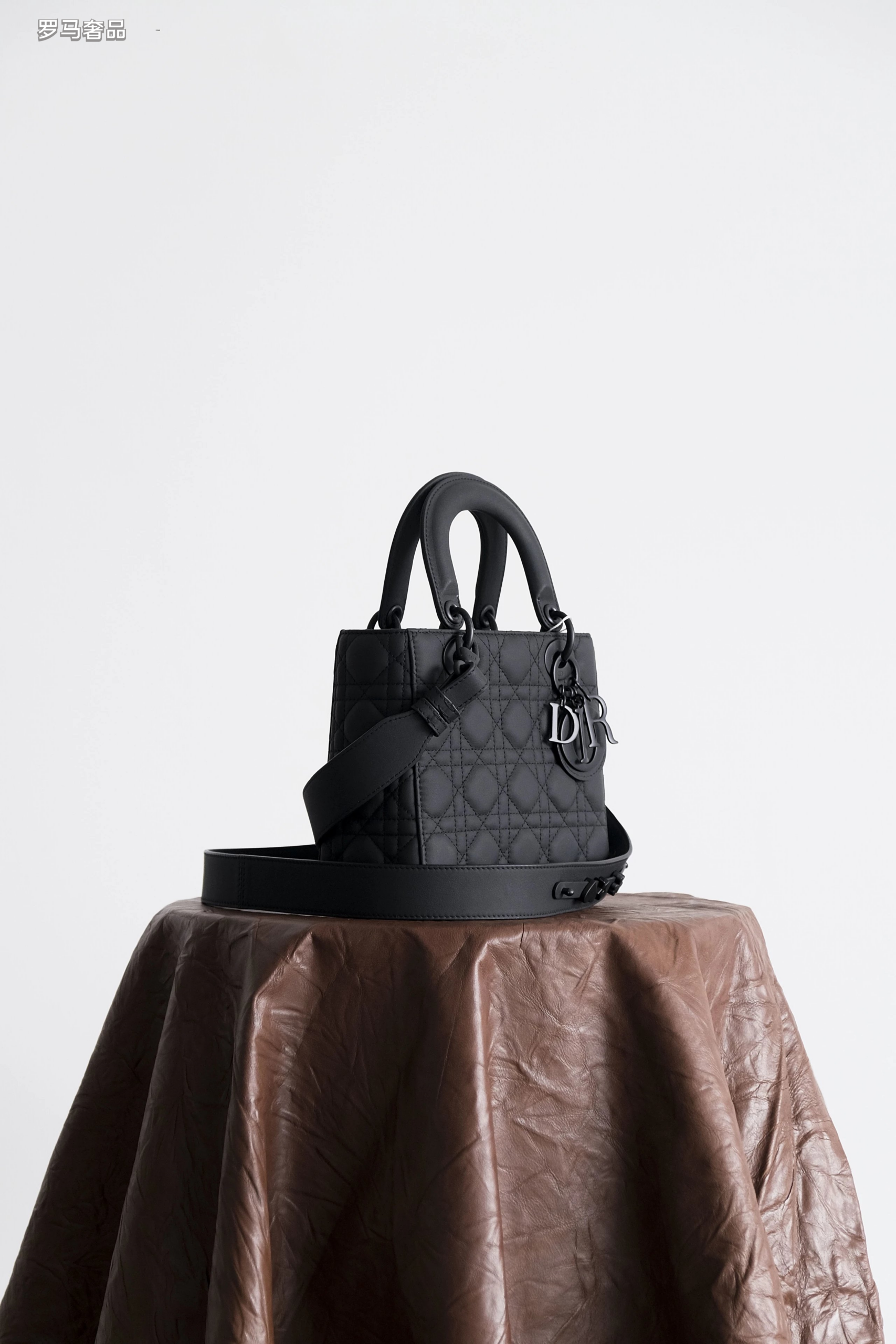 Lady Dior Style Ultra Matte Black Quilted Handbag with Shoulder Strap