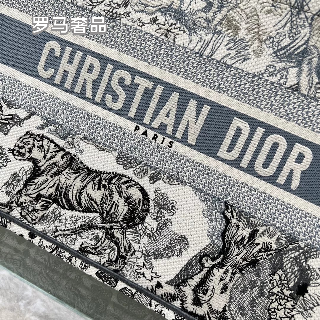 Dior Vintage Grey Toile de Jouy Canvas Tote Bag with Top Handles