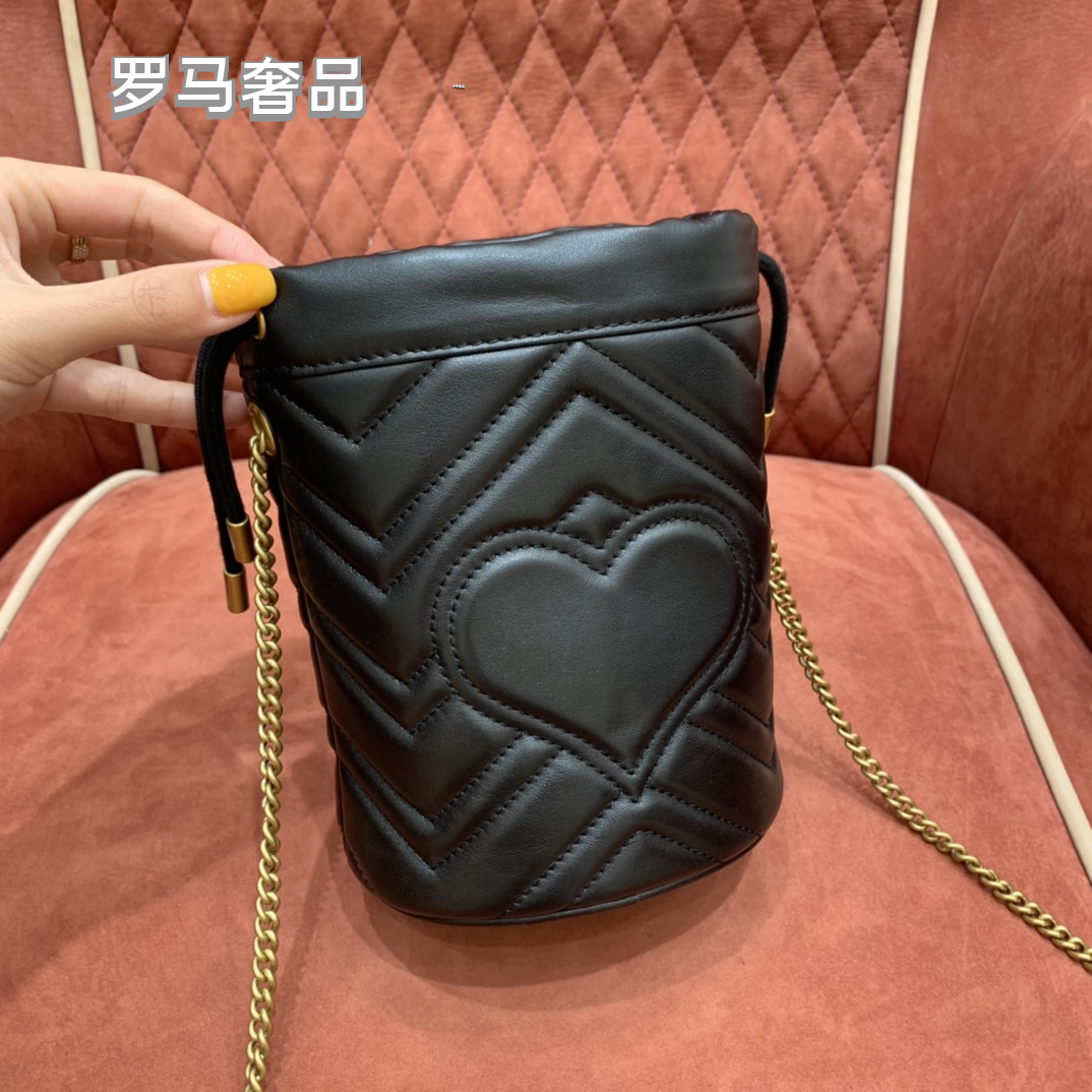GG Marmont Matelassé Bucket Bag - Black Leather with Gold Hardware
