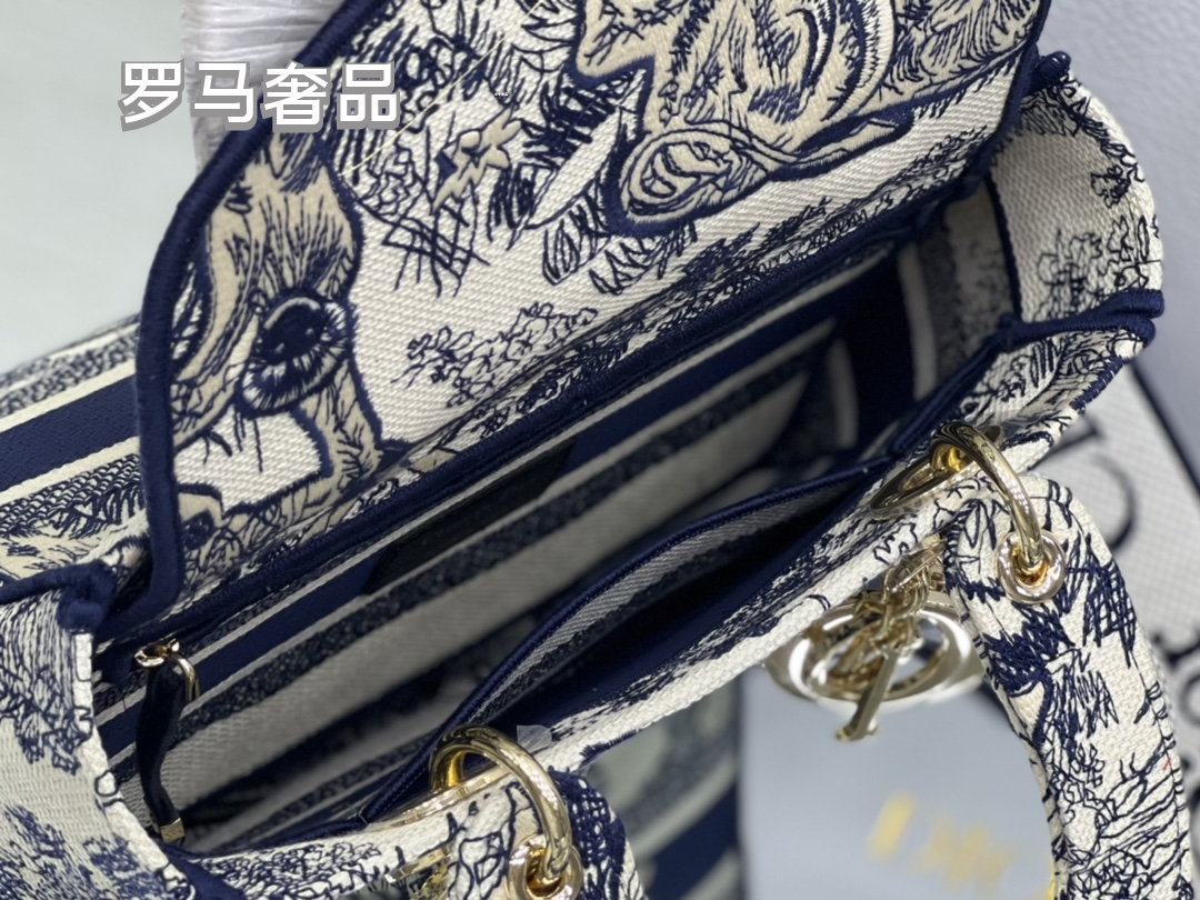 Dior Elegant Grey Floral Embroidered Canvas Top Handle Bag