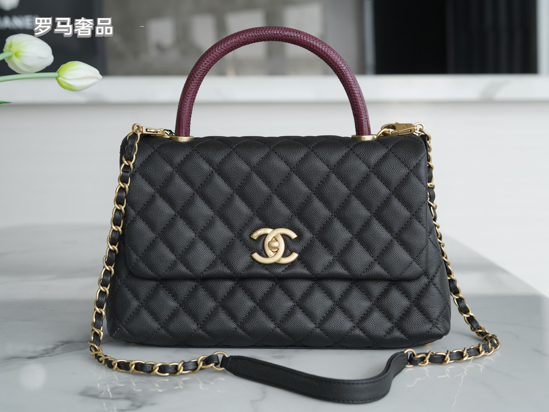 Chanel Medium Coco Handle Bag Black Quilted Caviar Leather Gold Hardware