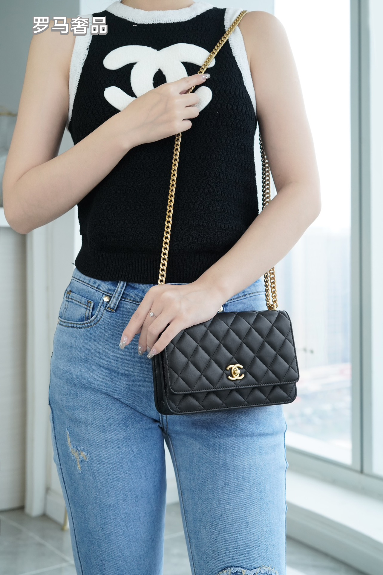 Chanel Quilted Lambskin Wallet on Chain with Camellia Gold Charm - Black