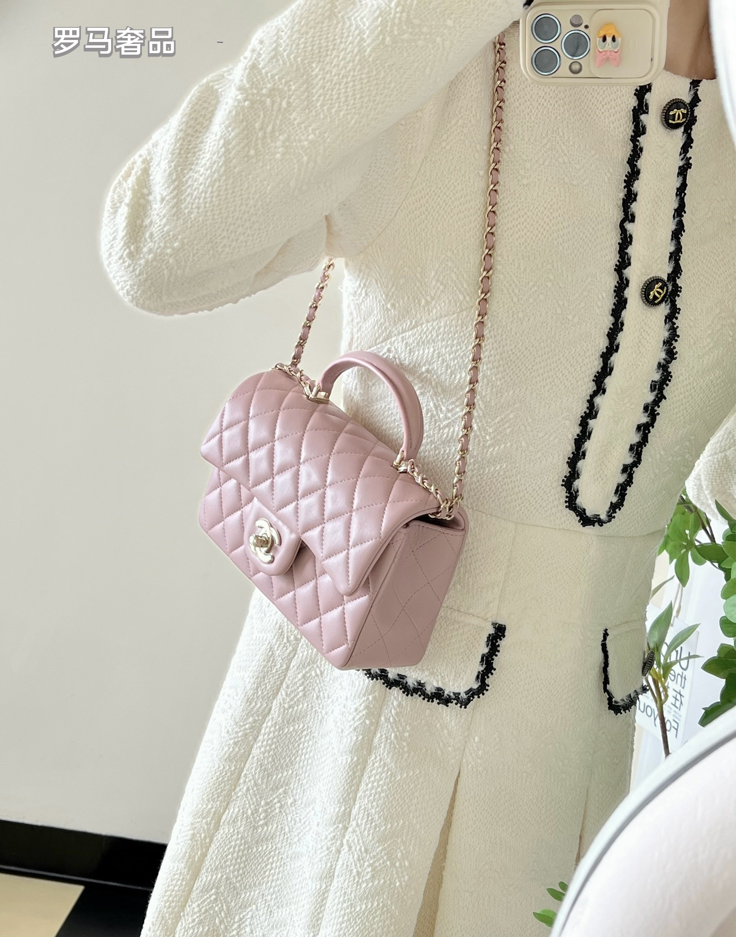 Chanel Mini Top Handle Flap Bag - Light Pink Quilted Lambskin Leather