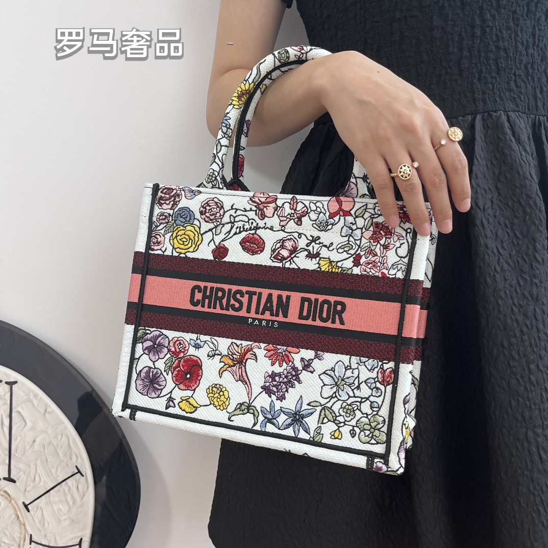 Christian Dior Book Tote Set Floral Embroidered Canvas Handbag 3 Pieces