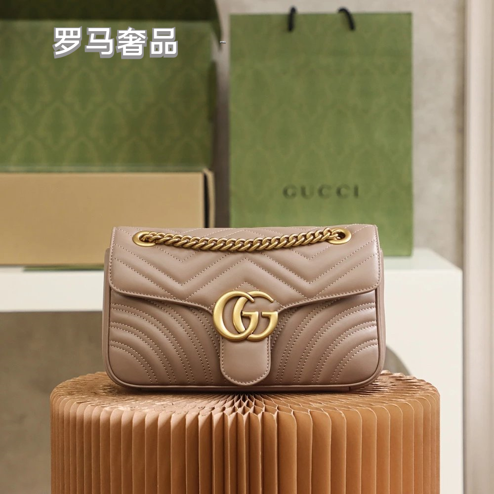 Gucci Chevron Quilted Black Leather Shoulder Bag with Gold Chain