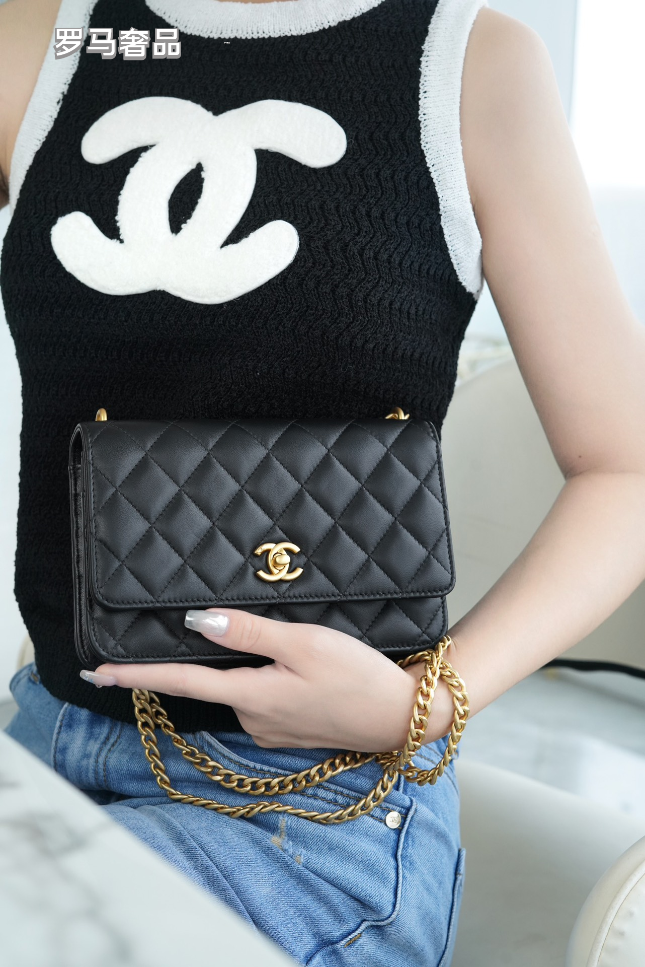 Chanel Quilted Lambskin Wallet on Chain with Camellia Gold Charm - Black