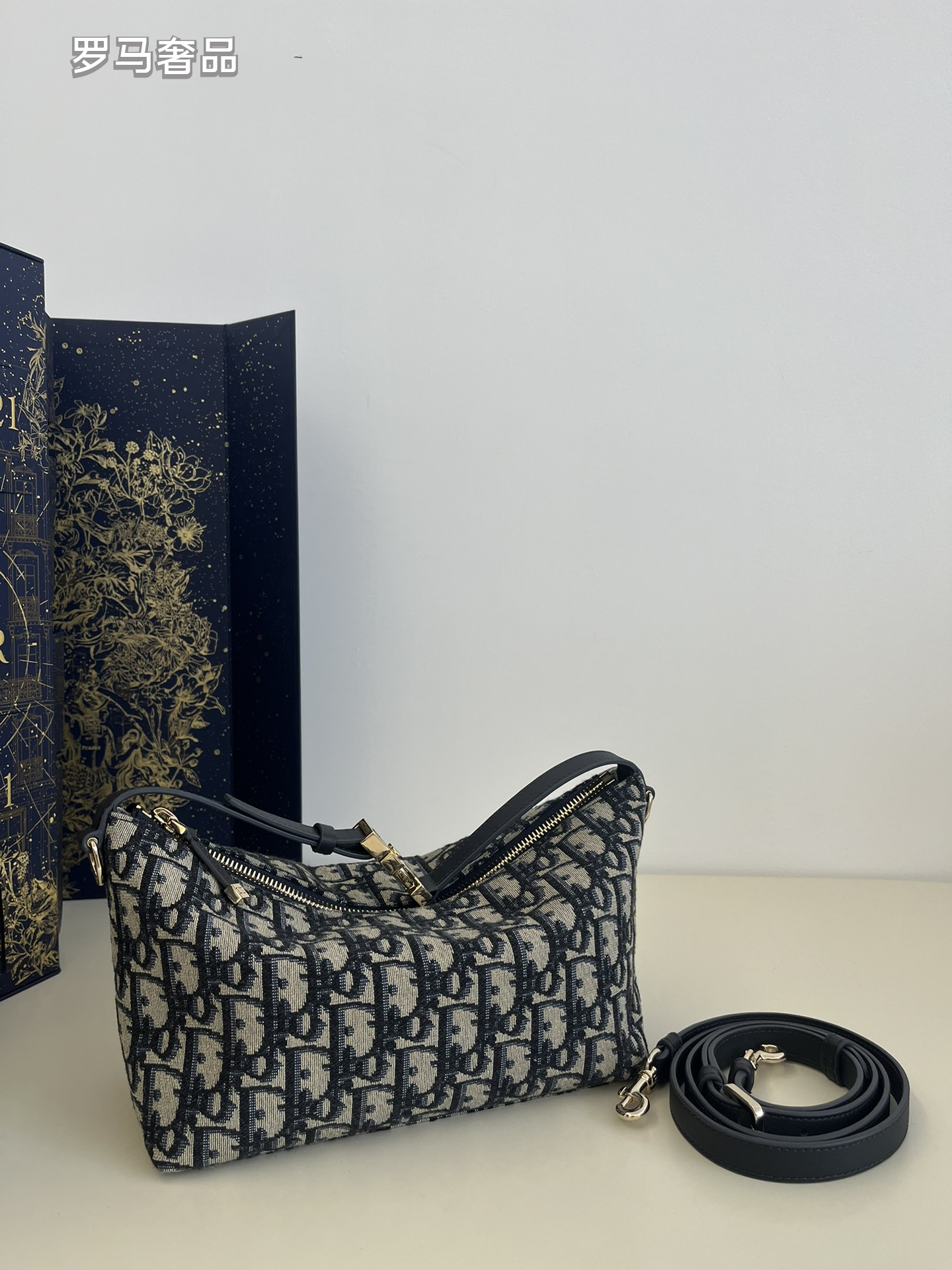 Vintage Inspired Monogram Canvas Shoulder Bag with Adjustable Strap - Navy Blue & Grey
