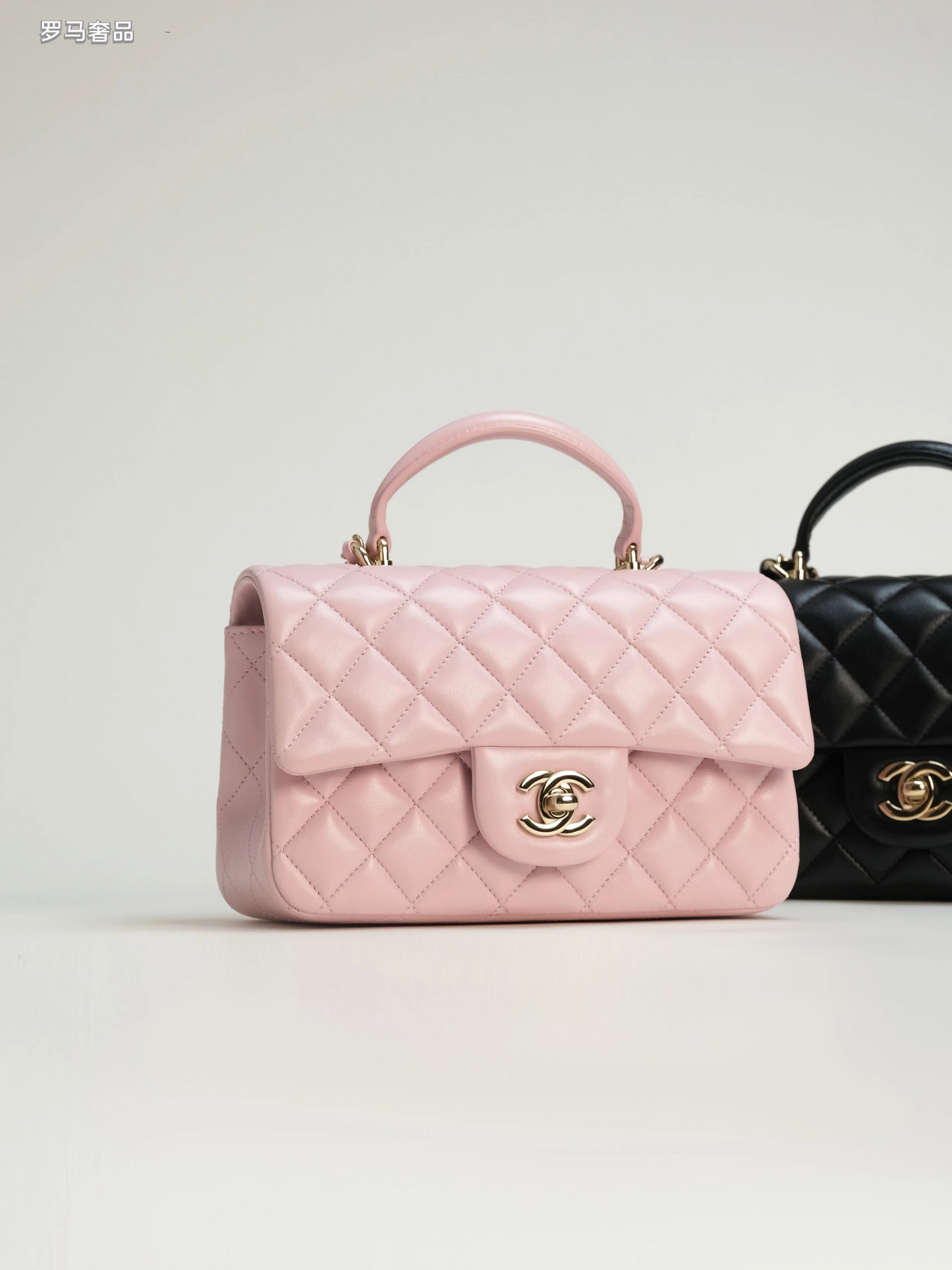 Pink Quilted Top Handle Handbag with Gold-Tone Chain Strap