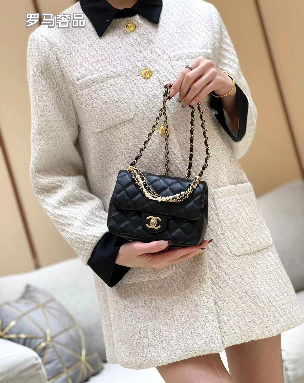 Chanel Quilted Mini Flap Bag with Pearl and Chain Strap, Black Lambskin