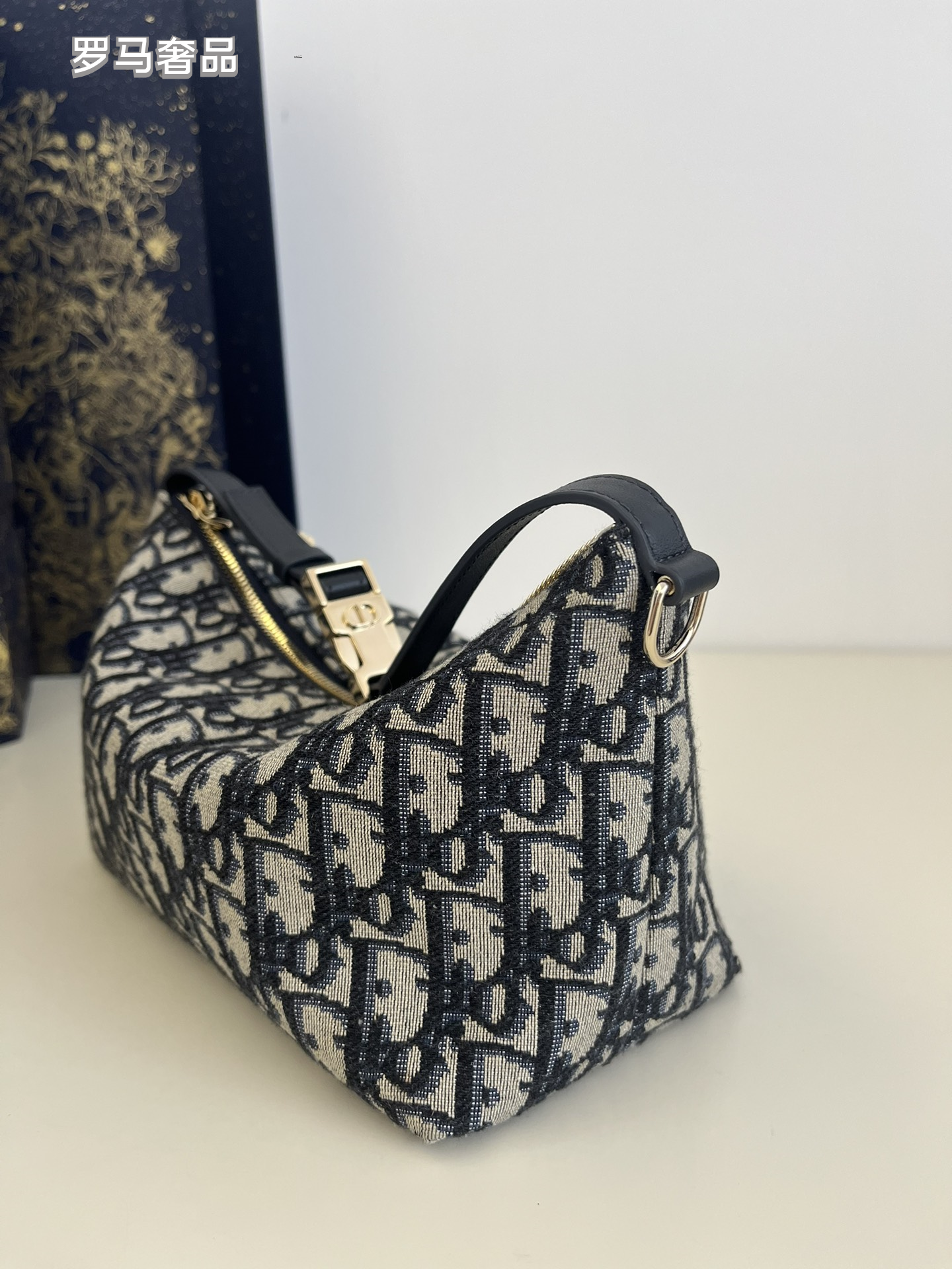 Vintage Inspired Monogram Canvas Shoulder Bag with Adjustable Strap - Navy Blue & Grey