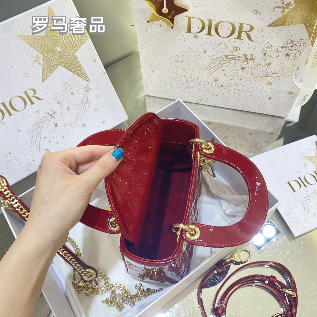Christian Dior Micro Lady Dior Bag - Red Cannage Patent Calfskin with Gold-Finish Metal