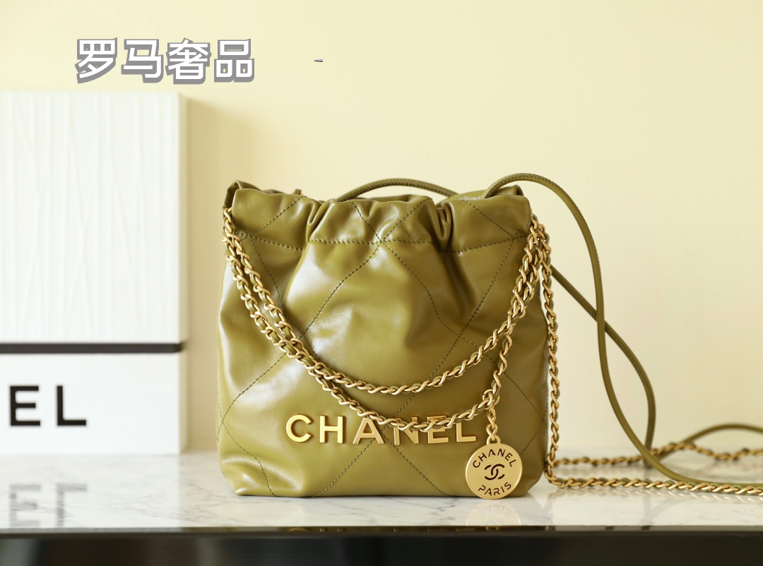 Chanel 22 Handbag in Olive Green Quilted Calfskin with Gold-Tone Hardware