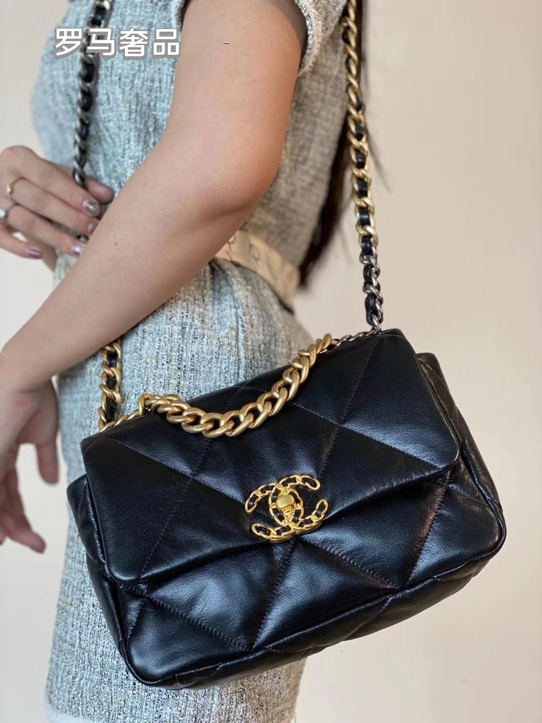 Chanel 19 Large Flap Bag - Black Quilted Lambskin with Mixed Metal Hardware