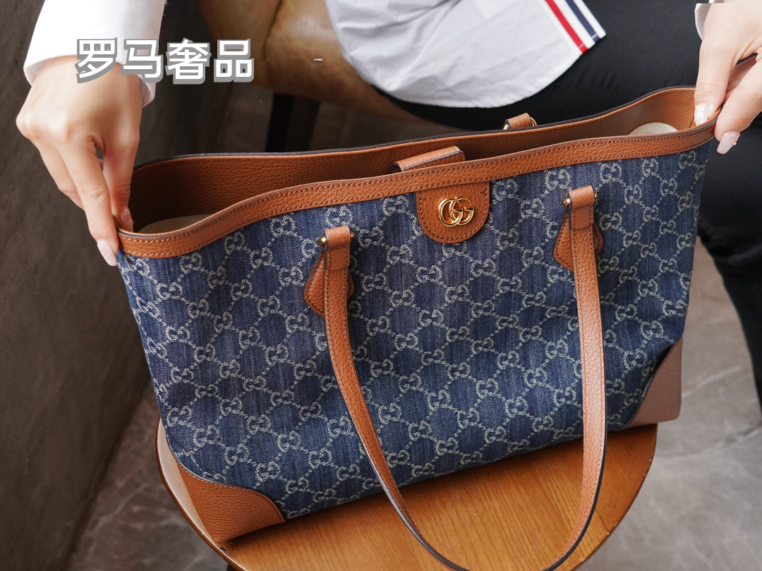 Gucci Vintage Monogram Canvas Shoulder Tote Bag with Brown Leather Trim
