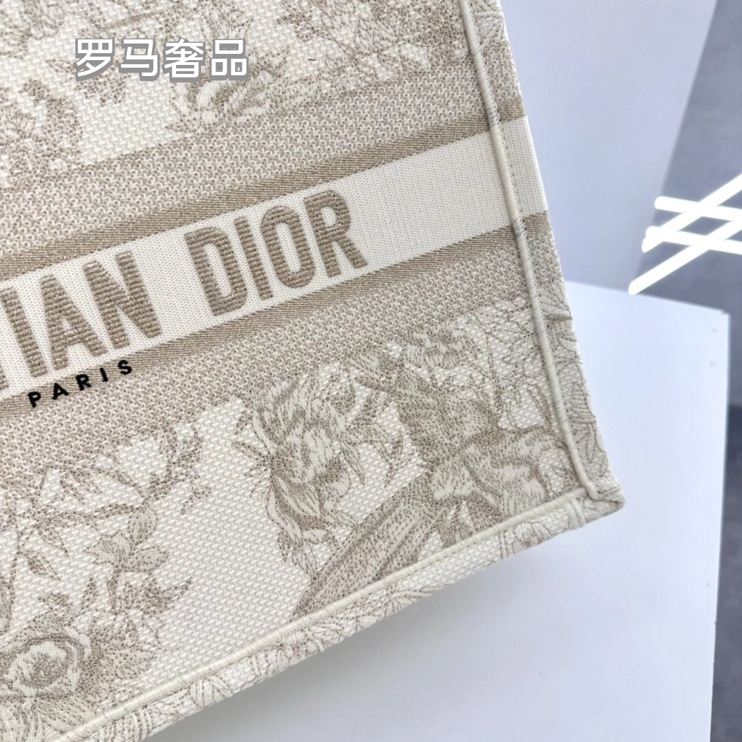 Christian Dior Book Tote Toile de Jouy Canvas Bag - Large Beige/Grey