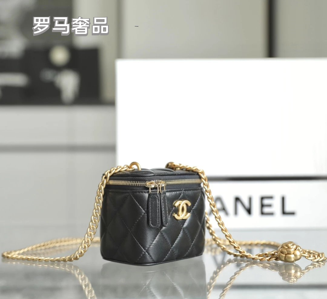 Chanel Black Quilted Leather Mini Vanity Case Crossbody Bag with Gold Camellia Charm