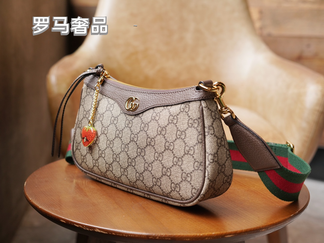 Women's Monogram Canvas Shoulder Bag with Web Strap and Strawberry Charm