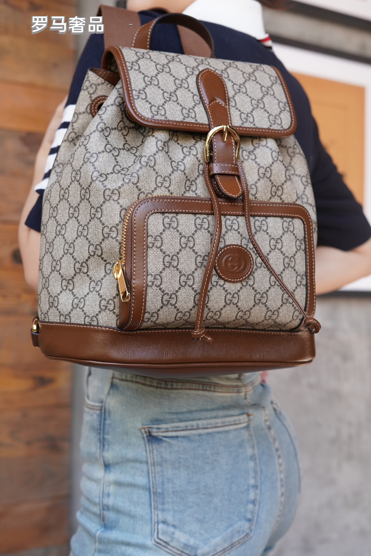 Gucci Classic Monogram Canvas Backpack with Brown Leather Trim and Drawstring