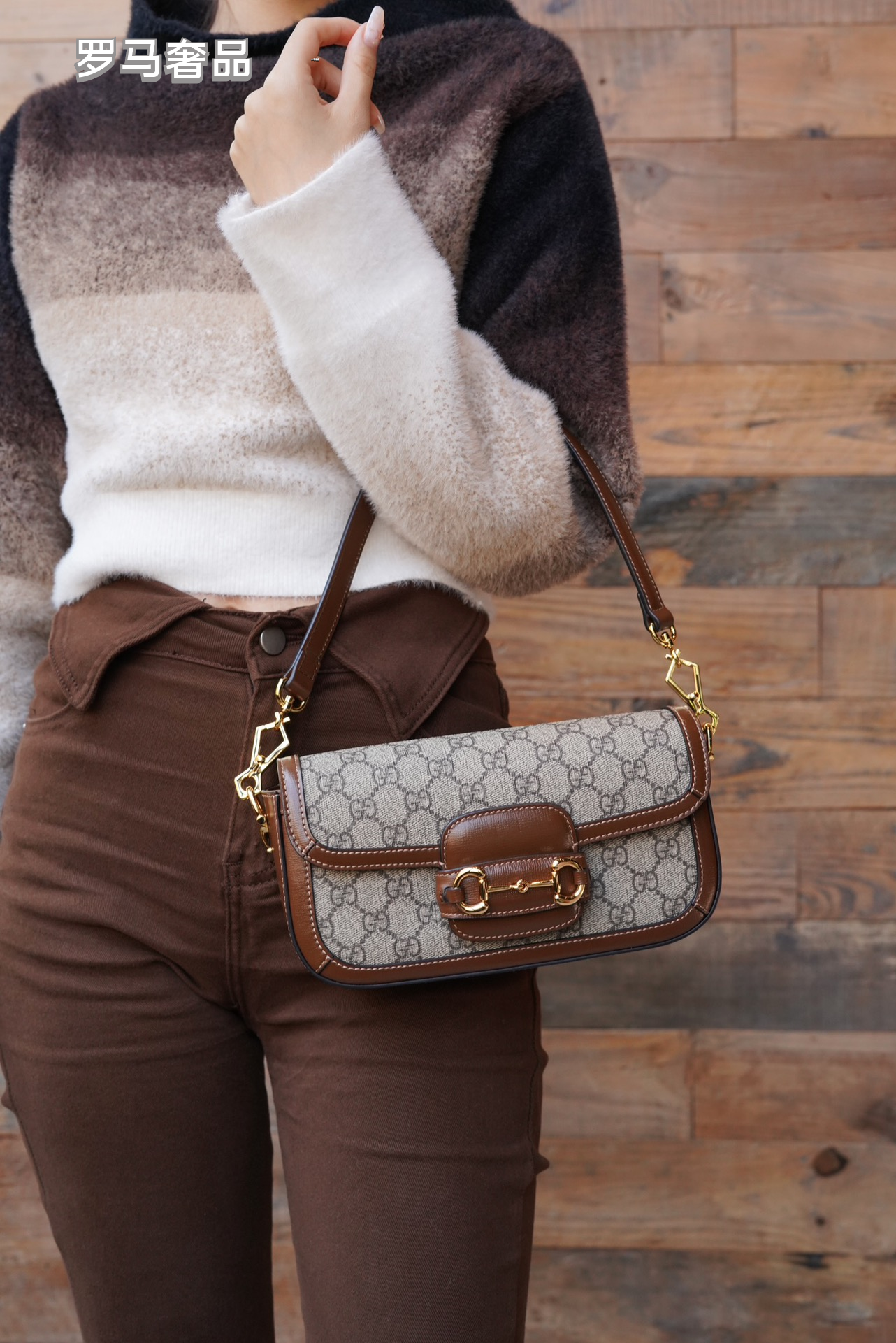 Gucci Horsebit 1955 Mini Shoulder Bag in GG Supreme Canvas with Brown Leather Trim
