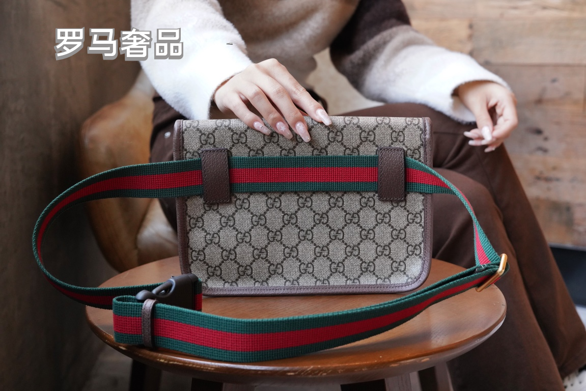 Gucci GG Supreme Canvas Belt Bag with Green and Red Web Strap