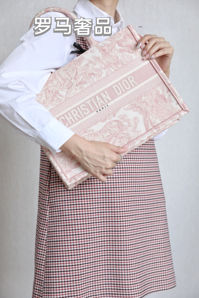 Dior Pink Floral Toile Embroidered Canvas Tote Bag with Top Handles