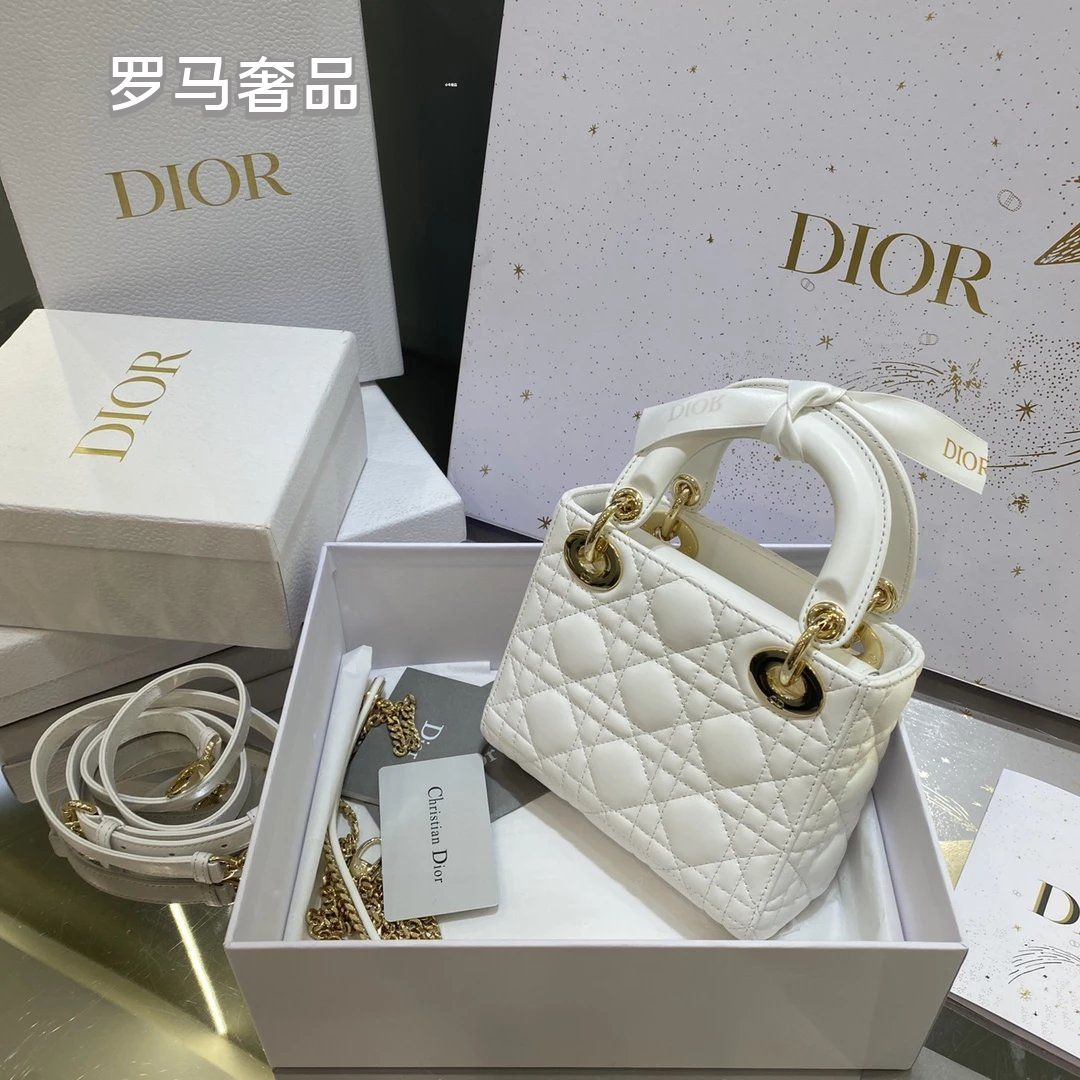 Christian Dior Lady Dior Mini Bag White Cannage Lambskin with Silver-Tone Hardware