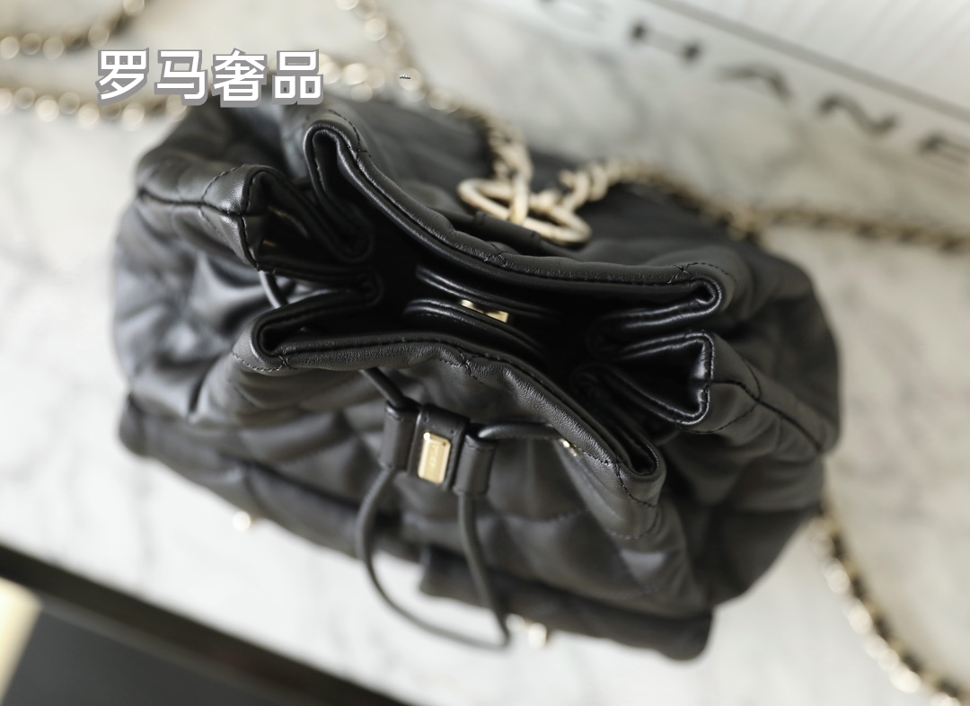 Chanel-Style Quilted Black Leather Bucket Bag with Silver Chain Strap